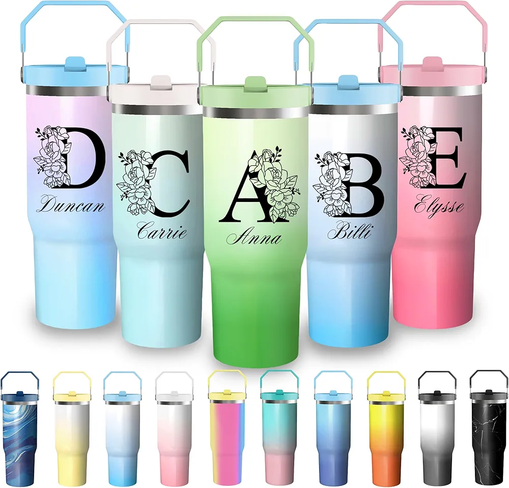 30 oz Custom Tumbler with Handle and Flip Straw, Personalized Monogrammed & Name Stainless Steel Insulated Cup Travel Coffee Mug, Customized Gifts for Women