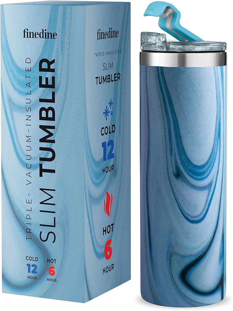 FineDine Insulated Skinny Stainless-Steel Tumbler - 18oz Coffee Tumbler with Flip-Top Lid - Travel Coffee Mug 100% Leakproof Lids - Slim Vacuum-Tumblers Keep Hot & Cold - For Home, Office.