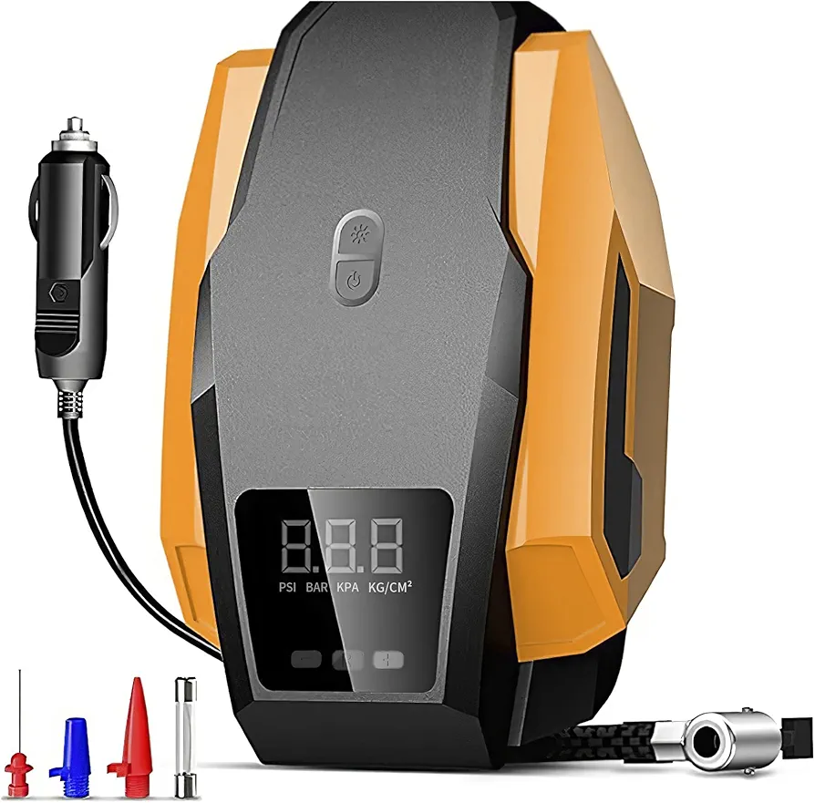 UYYE 12V DC Portable Tire Inflator, Auto Tire Pump Air Compressor with LED Light and 150PSI Intelligent Digital Display, Automotive Accessories for Car Tires, Bicycles and Other Inflatables (Yellow)