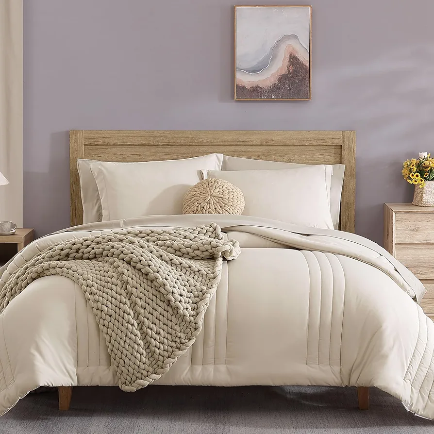 Monbix Queen Comforter Set - 7 Pieces Apricot Beige Bed in a Bag Queen Bedding Sets with Comforters, All Seasons Down Alternative Comforter Bed Set with Sheets,Pillowcases & Shams