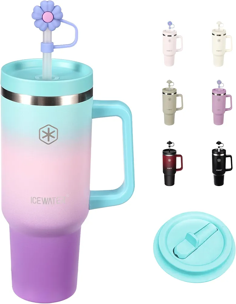ICEWATER 40 oz Tumbler with 2 Lids (Flip & Standard Straw),100% Leak Proof Insulated Tumbler with Handle, Cup Holder Friendly, Stainless Steel Water Bottle, Gifts for Women & Men (Violet)