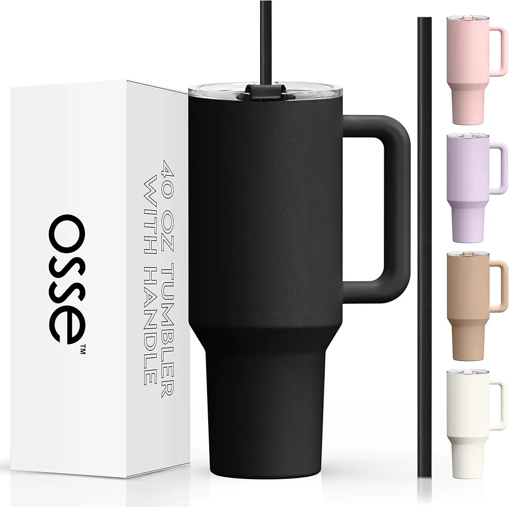 osse 40oz Tumbler with Handle and Straw Lid | Double Wall Vacuum Reusable Stainless Steel Insulated Water Bottle Travel Mug Cup | Modern Insulated Tumblers Cupholder Friendly (Black)