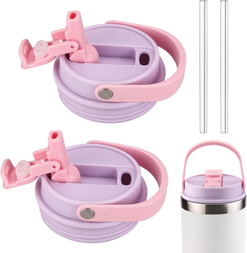 Lid compatible with STANLEY IceFlow Stainless Steel Tumbler 20oz, 30oz,Leak-Proof Splash Resistant Tumbler Top Replacement Reusable Tumbler Cover，With 2 straws (2, Light Purple)