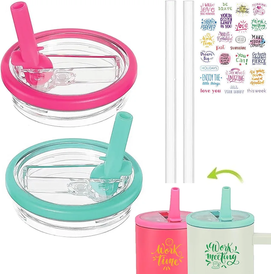 2 Pack 40 oz Tumbler Flip Straw Lid Replacement Fit for Stanley Quencher and DIY Sticker Set, Spill Proof Tumbler Cover for Stanley Cup,Reusable Tumbler Cover,Flip Spill Stopper Lids