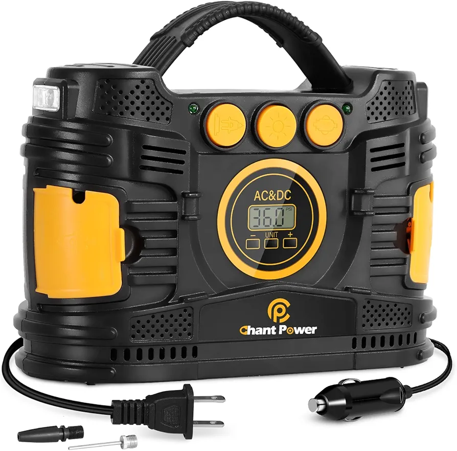 C P CHANTPOWER Air Compressor Tire Inflator, Portable 12V DC/120V AC Tire Pump Maximum120 PSI with Digital Pressure Gauge for Car Tires, Motorcycle, Bike, Balls Yellow