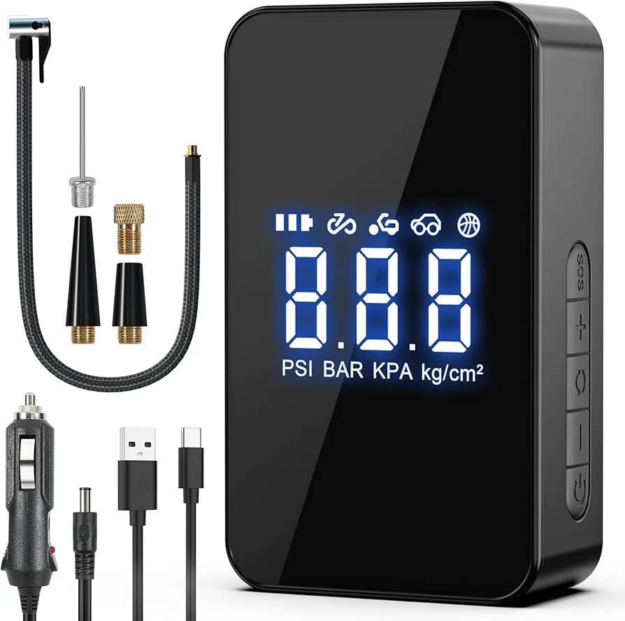 Portable Air Compressor, Tire Inflator, 12V Portable Air Pump with 6000mAh Battery, 140PSI Digital Screen and Emergency LED Lights for E-Bike, Bicycle, Car, Ball, Balloons...