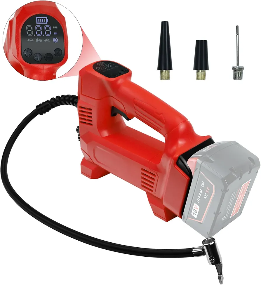 Cordless Tire Inflator Air Compressor for Milwaukee M18 18V Battery, 150PSI Max Portable Air Pump with Digital Pressure Gauge& 3 Nozzle for Car Tires,Trucks,Motorcycles,Ball