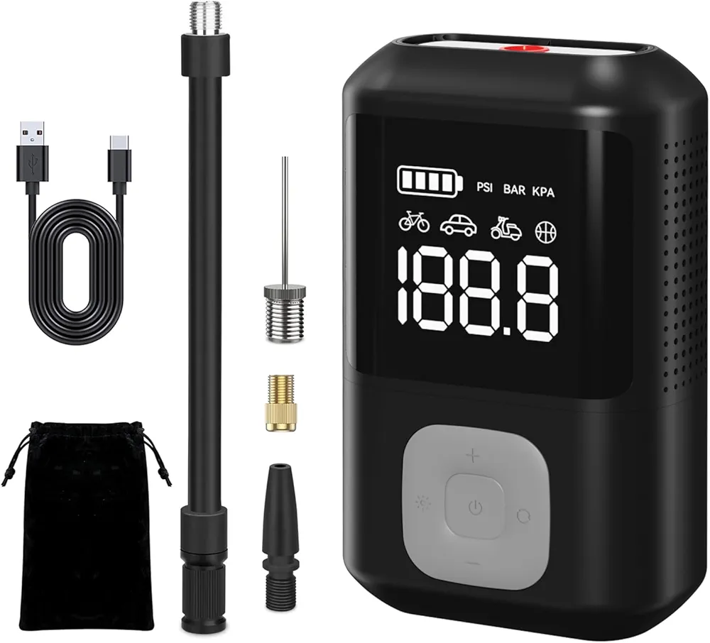 Bike Pump Portable Tire Inflator, 150PSI Rechargeable Electric Bicycle Air Pump with Digital Pressure Gauge, Auto Stop, with Presta and Schrader Valve for Car, Bicycle, Motorcycles, Ball