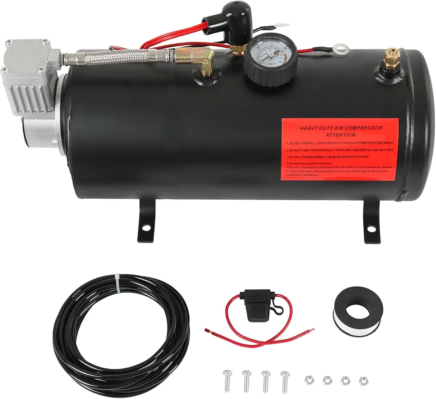 DC 12V MAX 150PSI Air Compressor Tank Pump with 3 Liter Tank 0.8 Gallon Portable Air Compressor Pump for Train Truck Pickup Motorhome Horns On Board 3L Tank Train Inflator Air Compressor