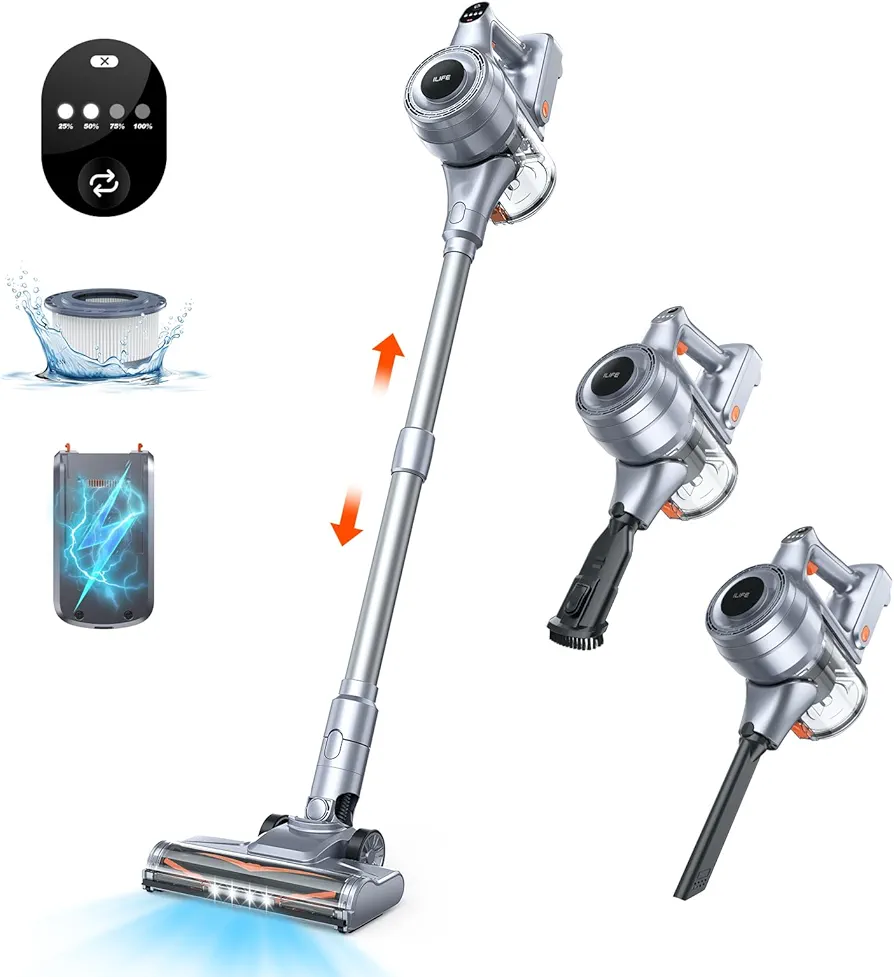 ILIFE Cordless Vacuum Cleaner, Self-Standing Lightweight Stick Vacuum with 35 Mins Runtime, Detachable Battery, Rechargeable Vacuum Cleaner for Home, Hard Floor, Carpet, Pet Hair, H80, Gray