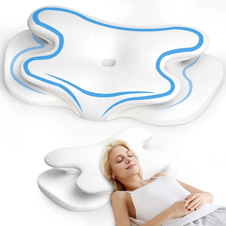 Cervical Neck Pillow Memory Foam Pillows for Pain Relief, Ergonomic Pillow for Side Sleeping with Cooling Pillowcase, Contour Pillow for Side, Back & Stomach Sleepers with Adjustable Height(Grey)