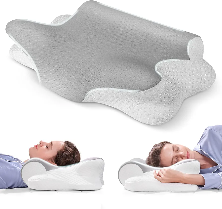 Cervical Pillow for Pain Relief, 2 in 1 Neck Pillow and Roll Neck Pillow Support Designs,Ergonomic Contour Pillow for Side,Back,and Stomach Sleeper,Memory Foam Neck Pillow with Pillowcase,Grey