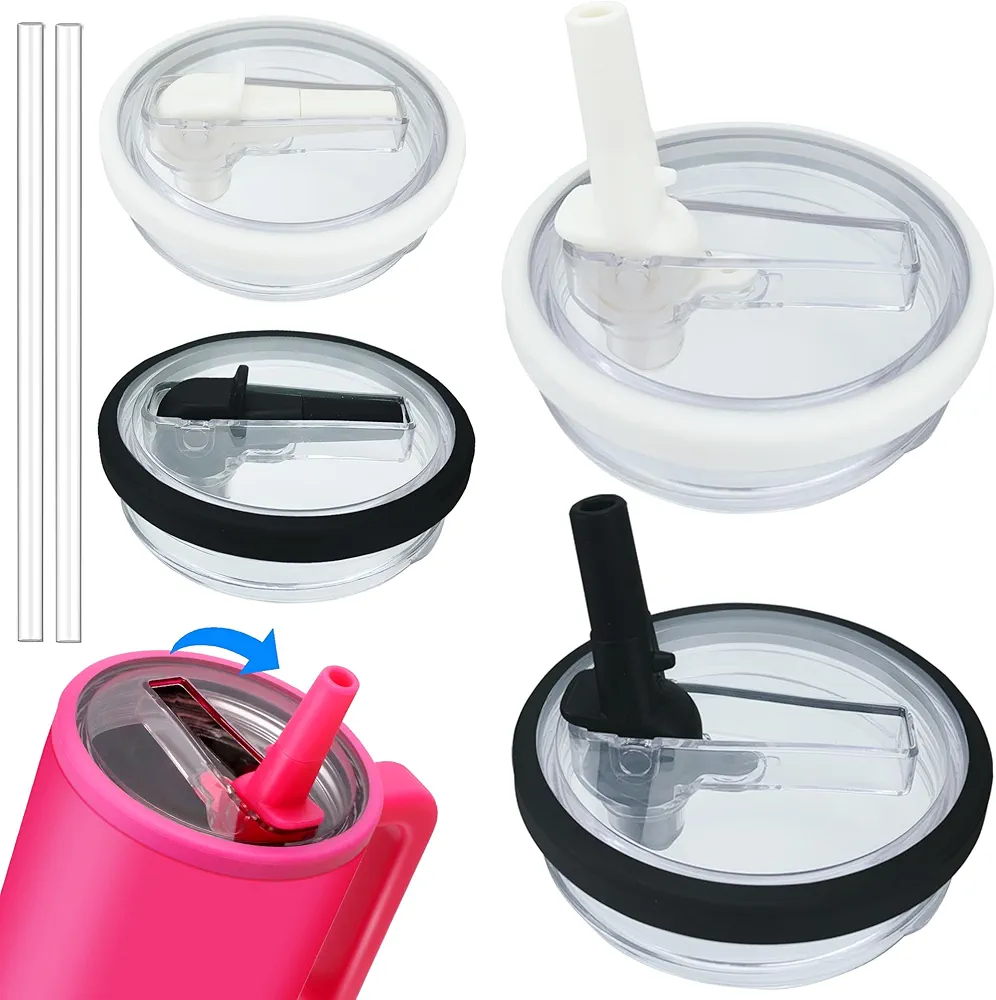 Replacement Lid for Stanley 40 OZ Tumbler With Handle and Straw, Flip Spill Stopper and Leak Proof cover Accessories for Stanley Quencher Cup (Black White, 2Pcs)