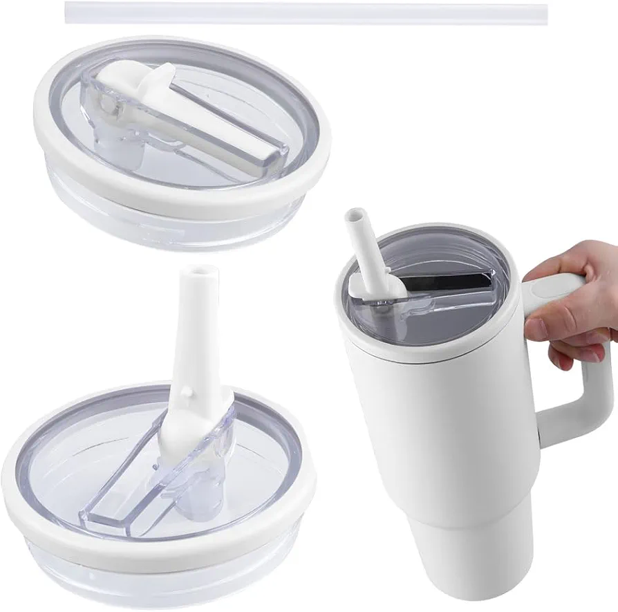 One Set 40 Oz Tumbler Flip Straw Lid Replacement Fit For Stanley Quencher, Leak Proof For Stanley Spill Proof Splash Resistant Tumbler Lids Replacement, Tumbler Lids For Stanley Lid 40 Oz (White)