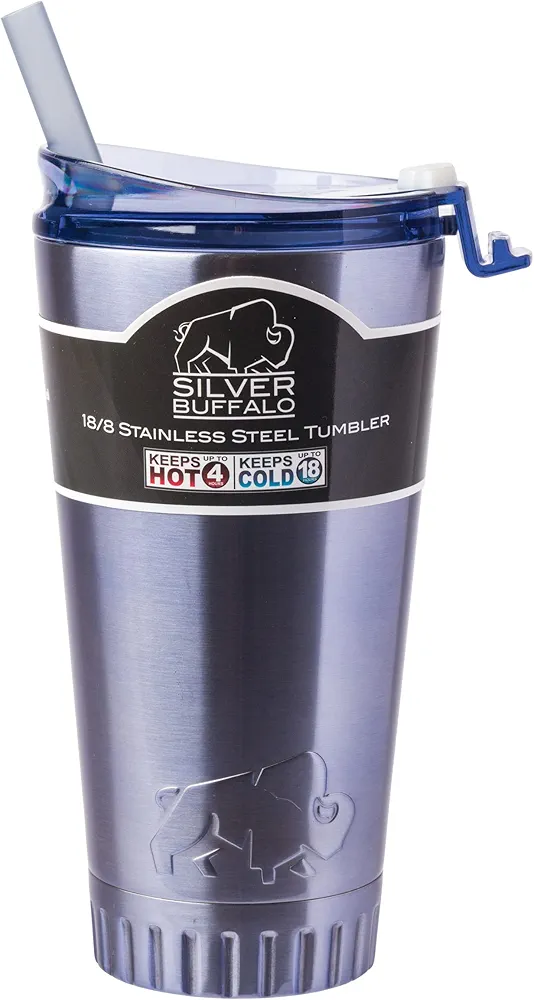 Silver Buffalo Stainless Steel Double Walled Travel Tumbler, 20 Ounces, Blue Silver