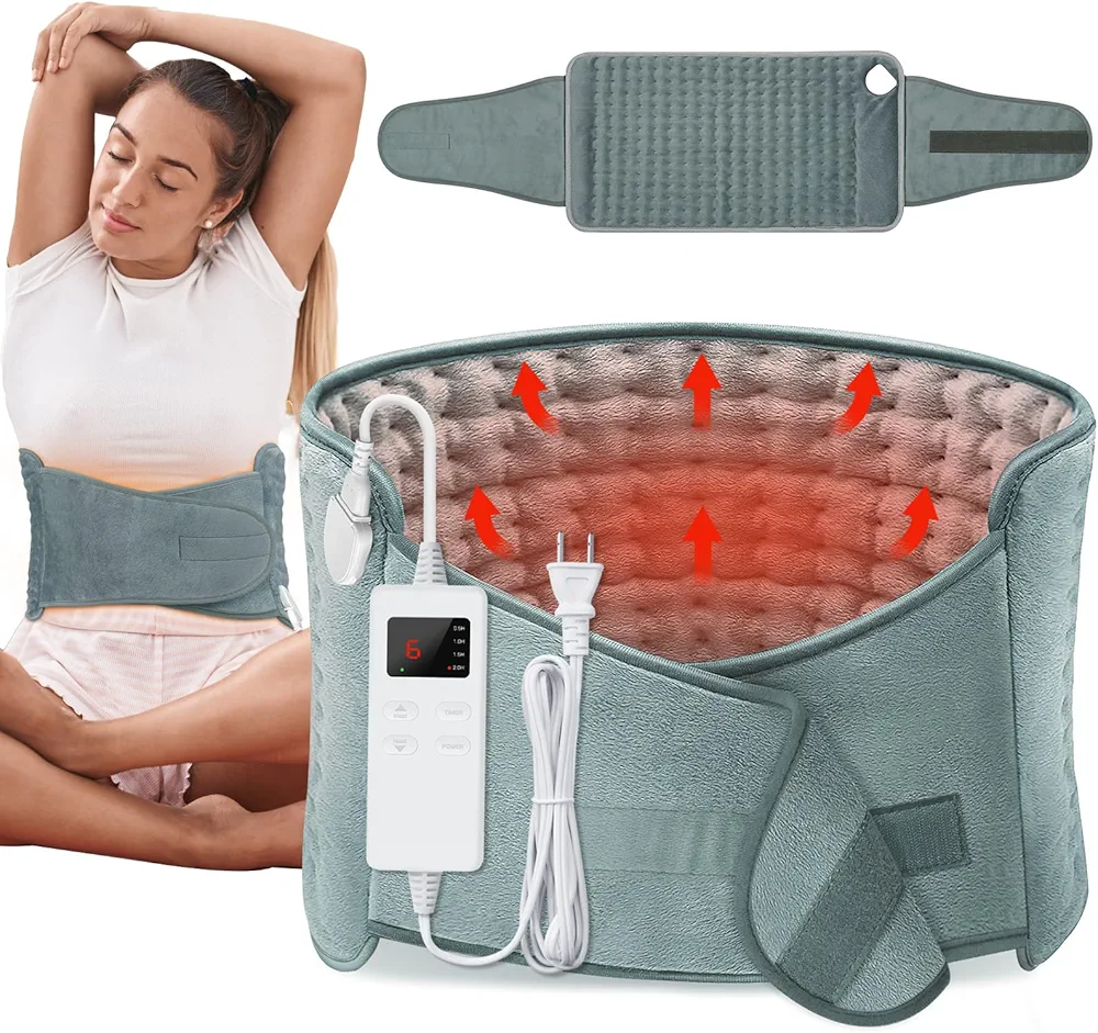 Upgraded Heating Pad for Back Pain Relief Electric Large Heating Pads with Belt (12""x24""+20""), 6 Heat Level & 4 Timer Auto Off, Ultra-Soft Heating Pad Electric Heating Pads with Belt, Gray