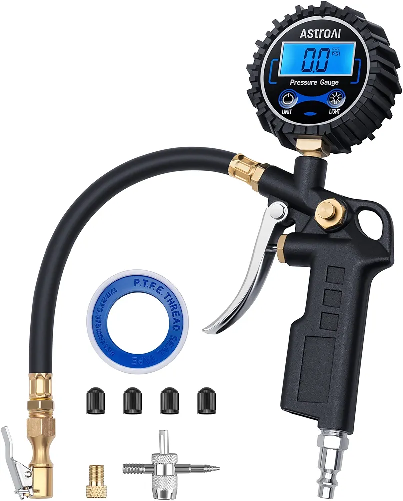 AstroAI Digital Tire Pressure Gauge with Inflator, 250 PSI Air Chuck & Compressor Accessories Heavy Duty with Quick Connect Coupler, 0.1 Display Resolution, Car Accessories, 1pack
