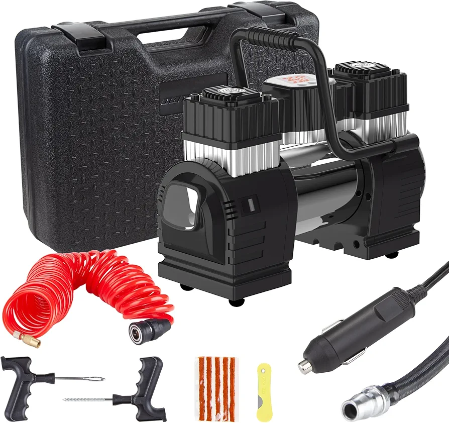 CARTMAN Dual Cylinder DC 12V Air Compressor for Car, Heavy Duty Portable Tire Inflator,Tire Pump 120PSI with LED Light for Auto,Truck,SUV, RV,Balls etc (Plug)