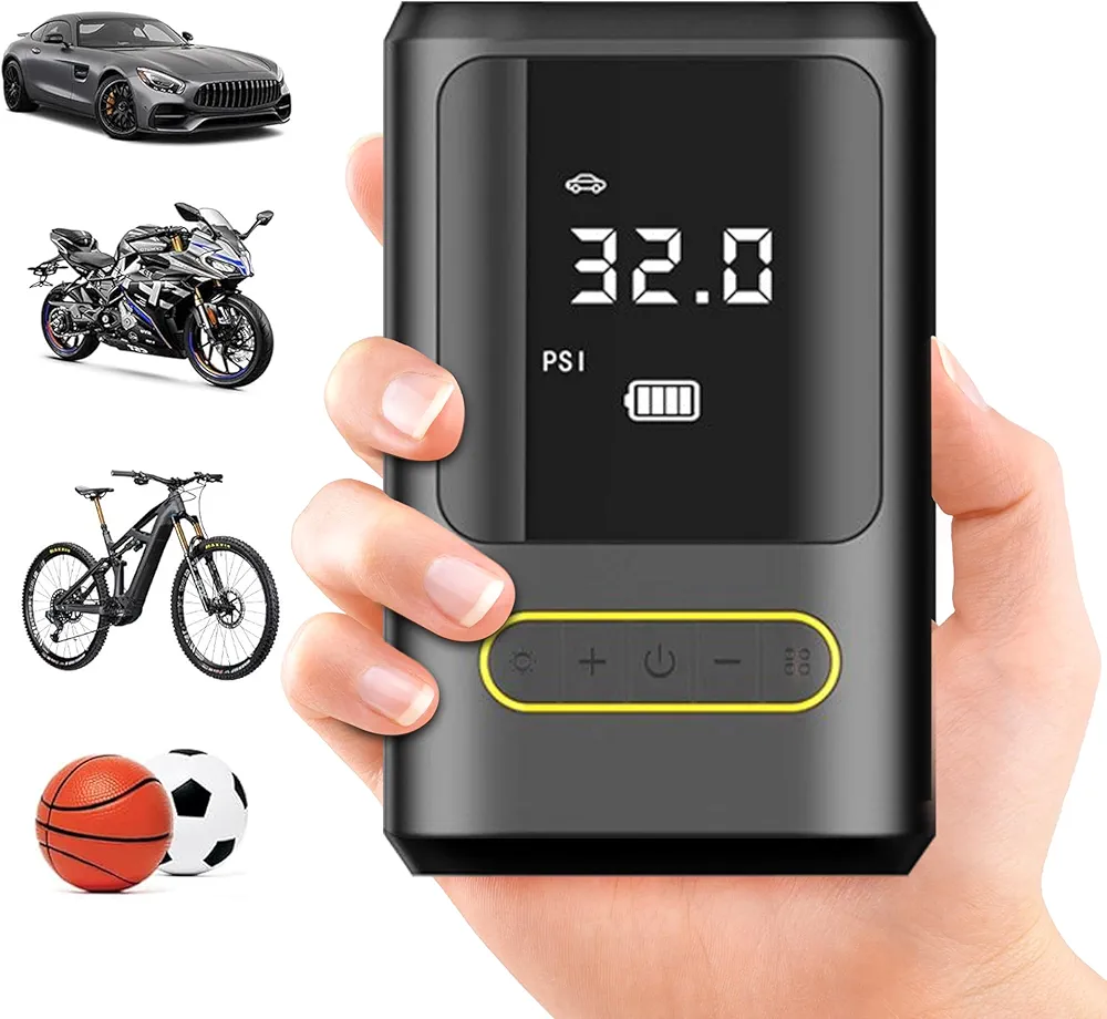 Tire Inflator Portable Air Compressor Mini wireless Air Pump with a digital tire pressure gauge (150 PSI) with Emergency Light -One Click Smart Pump Tire Inflator for Car, Motorcycle, Bicycle and More