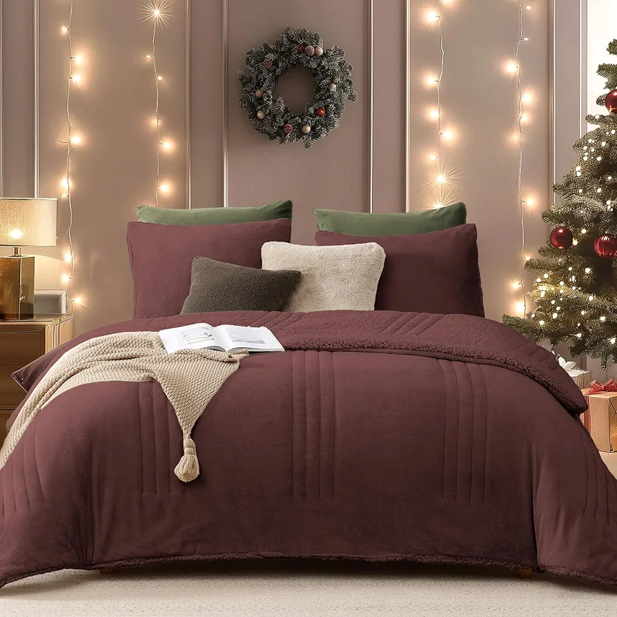 Monbix Fluffy Queen Comforter Set – 3 Piece Cozy Sherpa Comforter Queen Size Dark Red, Winter Warm Fleece Bedding Set, Luxury Coco Plush Winter Fuzzy Bed Set, 1 Comforter with 2 Pillowcases