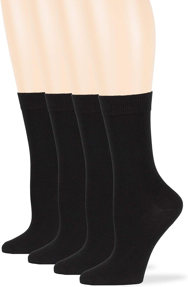 7BigStars Women's Cotton Dress Socks - 4 Pack L/M - Solid Assorted Crew Calf Black Brown Blue Grey Beige Khaki Olive Green
