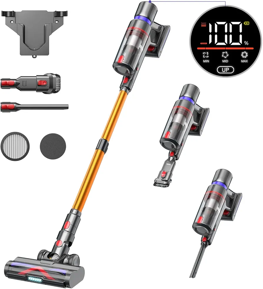 Cordless Vacuum Cleaner, 45Kpa/550W Vacuum Cleaners for Home, Stick Vacuum with Touch Screen, Max 55 Mins Runtime, Anti-tangle Wireless Vacuum, Lightweight Vacuum for Hardwood Floor, Pet Hair, Carpet