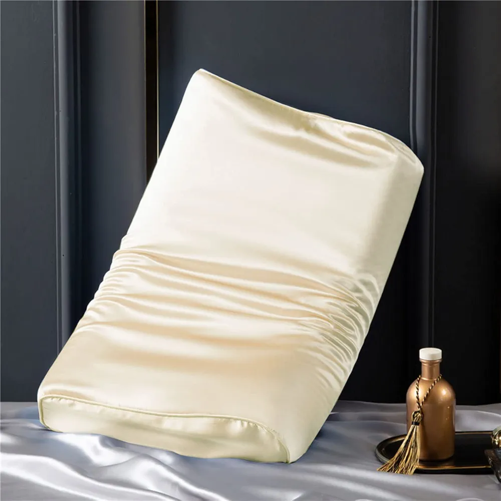 Silk Pillowcase for Memory Foam Pillow Neck Pillow, Pure Mulberry Silk Pillow Case for Cervical Pillow Contour Pillow (Beige, 21" x 14.5" x 4.9"/4.2")