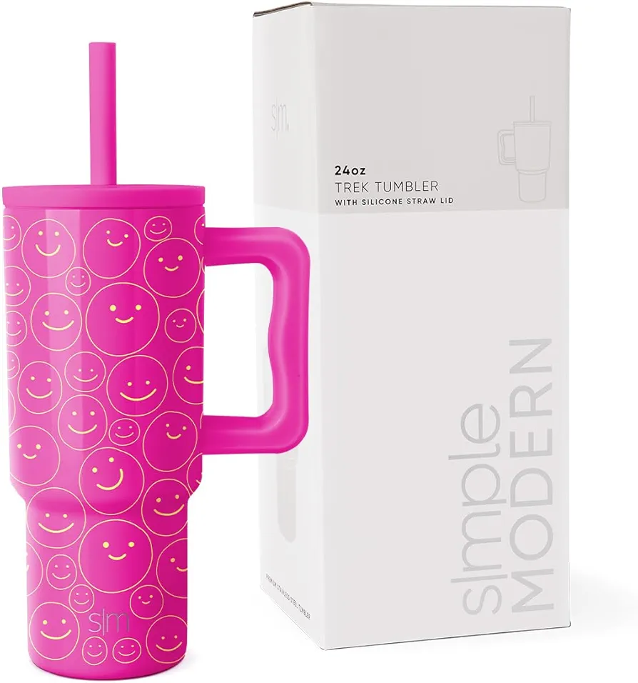 Simple Modern Kids 24 oz Tumbler with Handle and Silicone Straw Lid | Spill Proof and Leak Resistant | Reusable Stainless Steel Bottle | Gift for Kids Boys Girls | Trek Collection | Happy Days