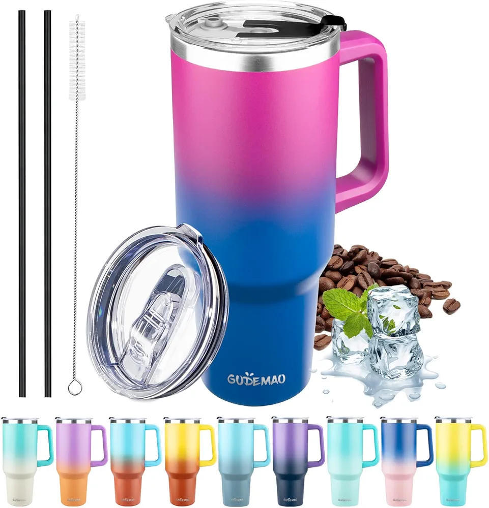 40 oz Tumbler with Handle, Insulated Tumbler with Lid and Straw, Reusable Stainless Steel Vacuum Insulated Cup, 100% Leak Proof Thermal Travel Coffee Mug Cup for Cold and Hot (Claret Blue)