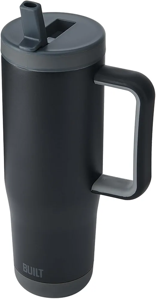 Built 40 oz Cascade Flip Straw Tumbler, Double Wall Insulated Tumbler, Gym & Sport Bottles - Stainless Steel & Straw Lid, Leak-Proof, Soft Bumper Base, Portable BPA-Free (Black)