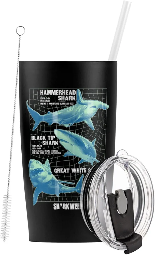 Shark Week: Television Series OFFICIAL Shark Info Grid Stainless Steel Tumbler with Straw and Flip Lid 20 oz Travel Mug/Cup, Vacuum Insulated & Double Wall with Leakproof Dual Lid