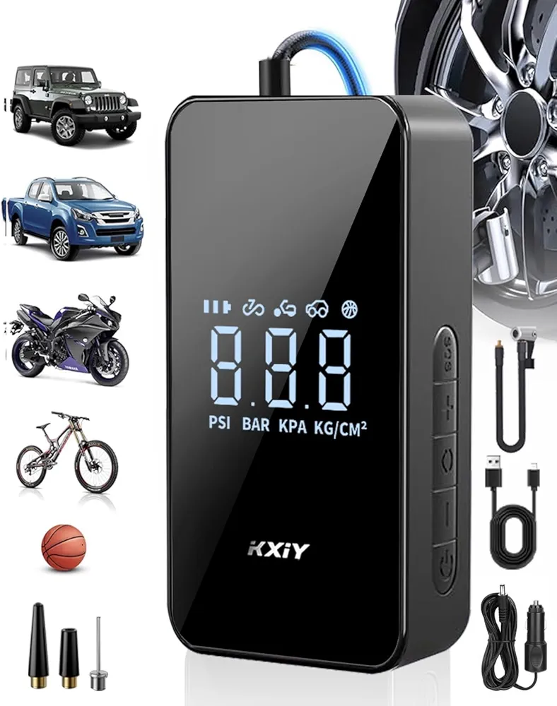 Tire Inflator Portable Air Compressor,Portable Tire Inflator for Car/Motorcycle/Bicycle/ball,and Inflatable with 150 PSI Pressure,cordless,2000mAh,Digital Display,LED Light and sos warning light