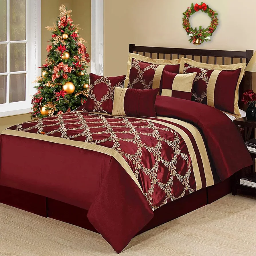 Bedream 7 Pieces Embroidered Comforter Set Queen, Traditional Taffeta Bed in A Bag for Bedroom Decor, Burgundy and Gold Faux Silk Fabric with 1 Comforter, 2 Shams, 3 Decorative Pillows, 1 Bedskirt