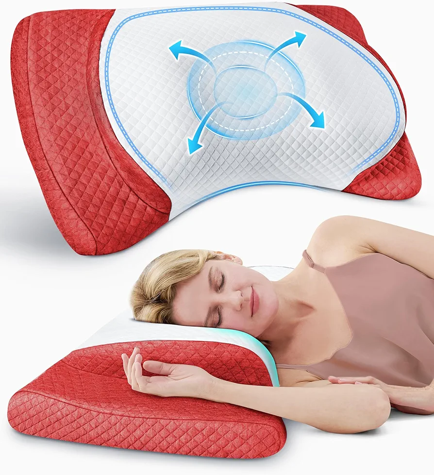 Ultra Comfort Cervical Neck Pillow for Pain Relief, Adjustable Side Sleeping Pillow Fit Shoulder Perfectly, Ergonomic Memory Foam Pillow with Armrest Area, Bed Pillow for Back Stomach Sleeping （Red）