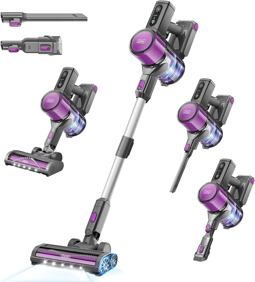Gevi Cordless Vacuum Cleaner for Home, Stick Vacuum with Hy-HEPA, Ultra Long Battery Life, Powerful Sunction, Deap Clean for Hardwood Floor, Carpet & Pet Hair (Purple)