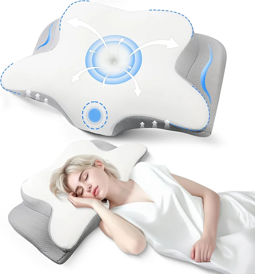 Cervical Pillow, Memory Foam Pillow, Neck Support Pillows for Sleeping, Ergonomic Contour Design for Side & Back Sleepers, Provides Neck Support & Shoulder Pain Relief - White Grey