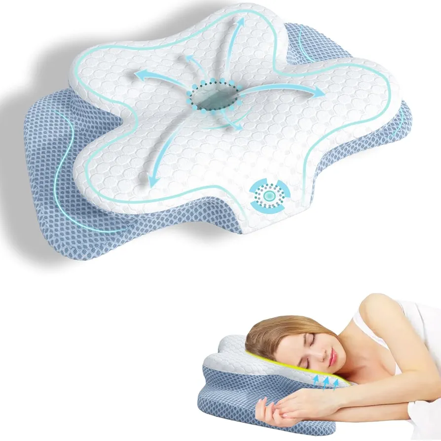 MXQ Memory Foam Neck Pillow,Contoured Neck Pillow for Bed,Detachable, Adjustable Cervical Pillow Cozy Sleeping,odorless, Ergonomically Contoured Cervical Neck Pillow (Blue and White Color, 23X14X5in)