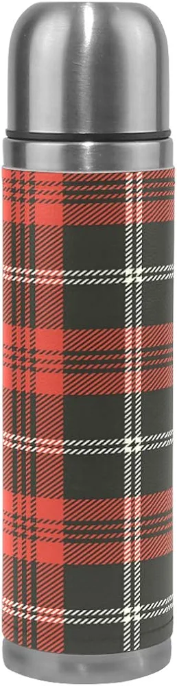 Red Black Plaid Vacuum Thermos Christmas Tartan Check Insulated Water Bottle Stainless Steel Double Wall Flask Bottles, Sports Coffee Travel Mug Cup Genuine Leather Cover BPA Free 17 Oz
