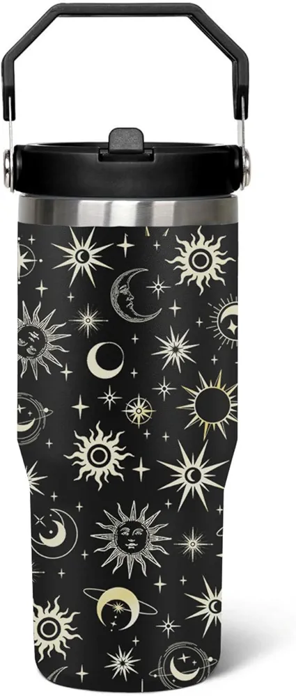 30 oz Goth Moon flip straw tumbler with Handle Lid and Straw, Sun and Moon Cup Gothic Witch Coffee Travel Mug Cup,Astrology Witchy Gifts for Women, Goth Halloween Decor Witch Stuff for Women