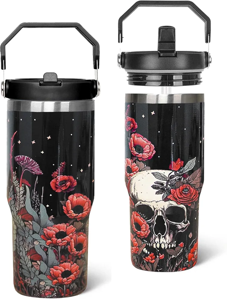 30 oz Skull Tumbler with Handle and Flip Straw Poppy Skull Travel Mug Skull Cup Insulated Leak Proof Tumbler Skull Gothic Decor Gifts for Women-(Black Red)