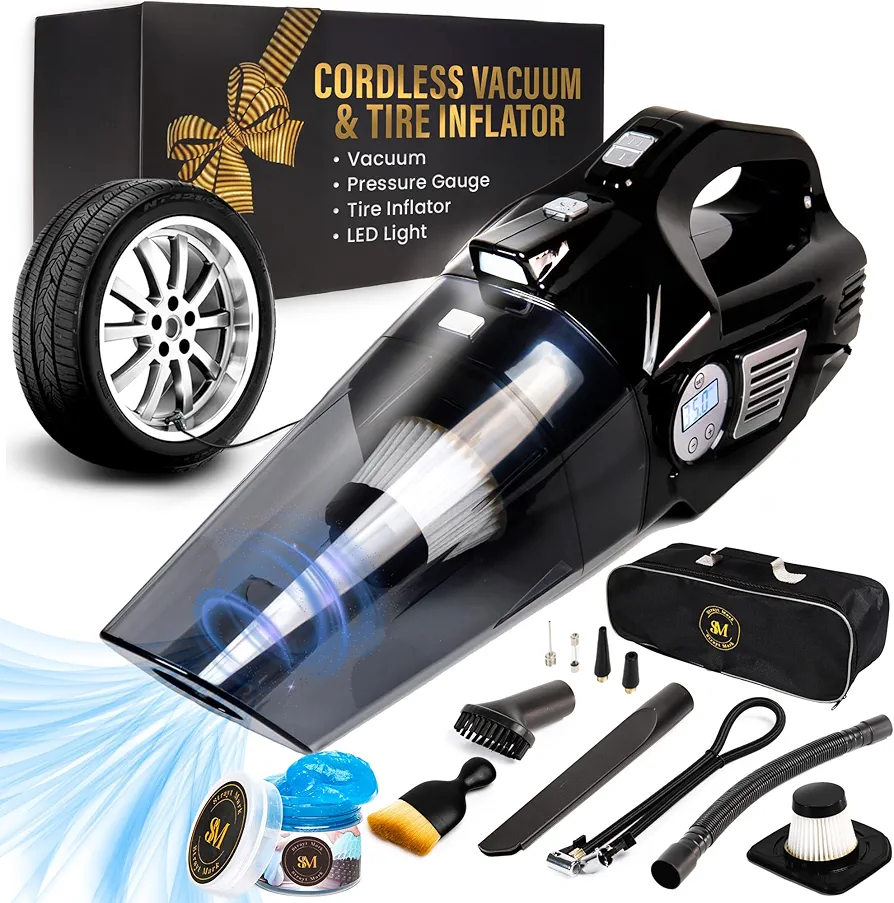 Car Vacuum Cleaner Cordless, 4-in-1 Portable Handheld Vacuum - Tire Inflator and Digital Tire Pressure Gauge with LED Light and Car Cleaning Gel and Brush