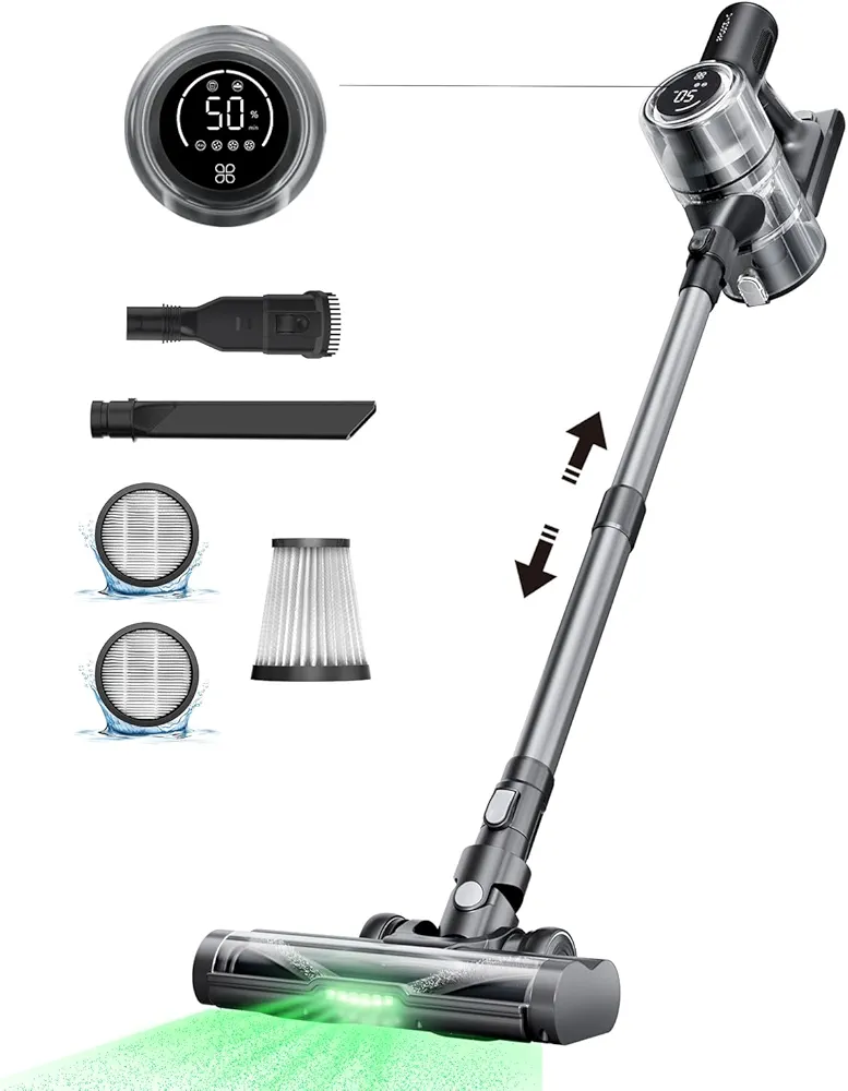 Proscenic Cordless Vacuum Cleaner, 45Kpa 50Mins Runtime Vacuum Cleaners for Home with Green Light, Anti-Tangle, LED Display, Rechargeable Lightweight Stick Vacuum for Pet Hair, Floor&Carpet, P13 Pro