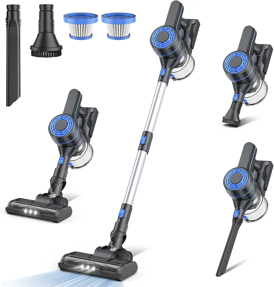 Cordless Vacuum Cleaner, 28Kpa Powerful Suction, Stick Cordless Vacuum 6 in 1, Detachable Battery Up to 40 Min Runtime, Lightweight Cordless Vacuum for Home Pet Hair Hard Floor,BlueSilver