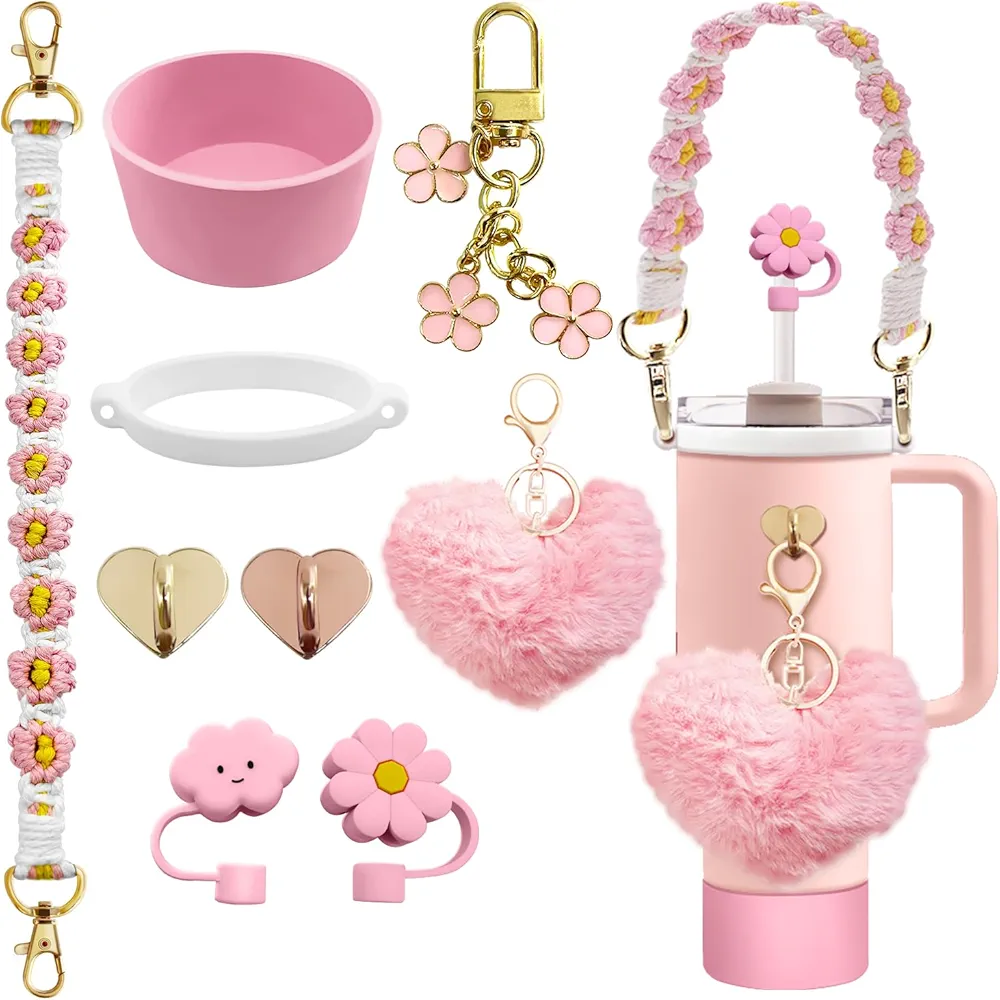Stanley Tumbler Cup Accessories Set for 20oz 30oz 40oz With Stanley Siliocne Straw Cover，Water Bottle Handle Strap，Stanley Charms，Tumbler Cup Siliocne Cup Boot (Pink)