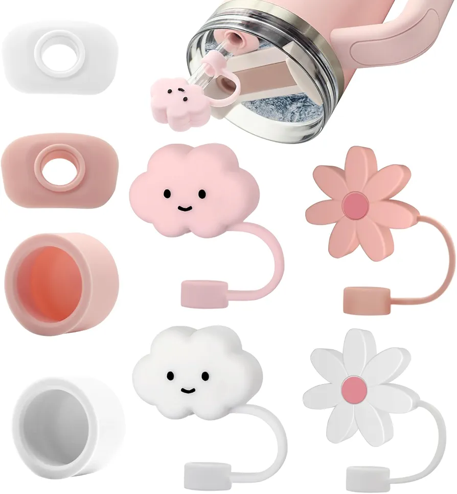 8Pcs Straw Spill Stoppers Covers Accessories for Stanley 30&40 Oz Tumbler, 4 Leak Sproof Plug, 4 Straw Covers for Stanley, Real Silicone, Cute Cloud Flower Shapes Dust-Proof Protector Straw Topper A12