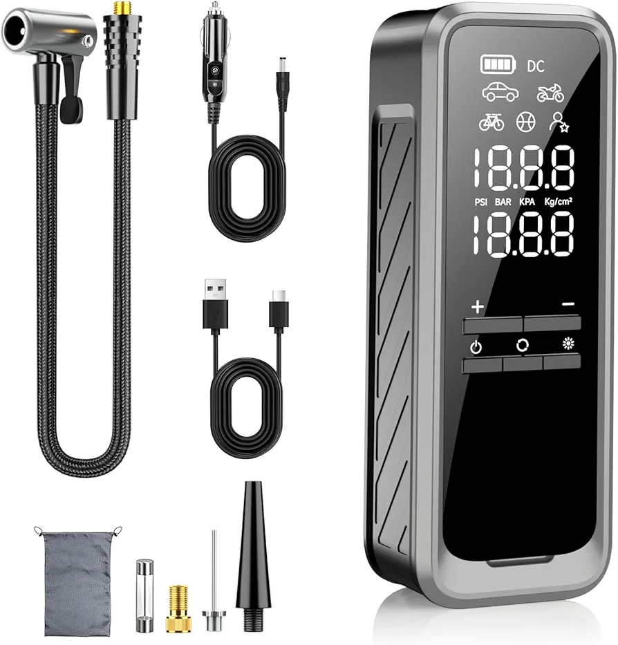 Cordless Tire Inflator Portable Air Compressor, Tire Inflator 150 PSI and Tire Pressure Gauge Electric Air Pump with LED Light for Car Tires/Motorcycle Tires/Bicycle Tires/Balls (Gray)