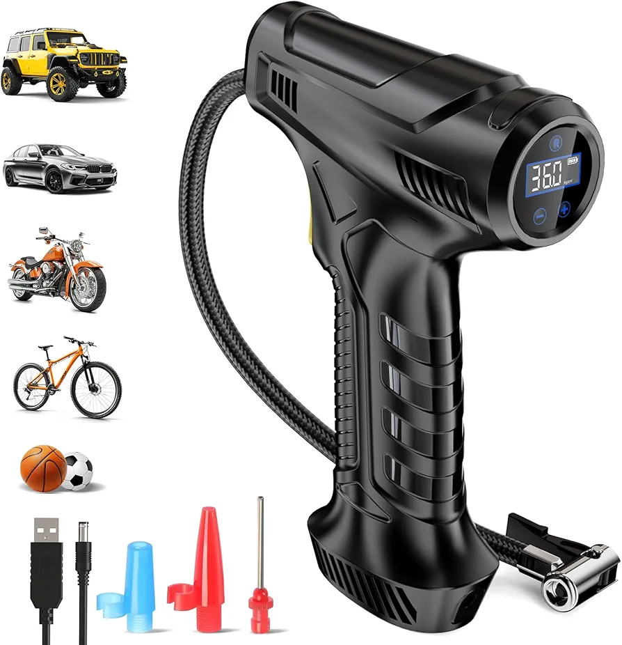 Tire Inflator Portable Air Compressor, Rechargeable Air Pump for Car Tires, Automotive Car Accessories 150PSI with LED Light for Cars, SUV, Motorcycles, Bicycle, Balls