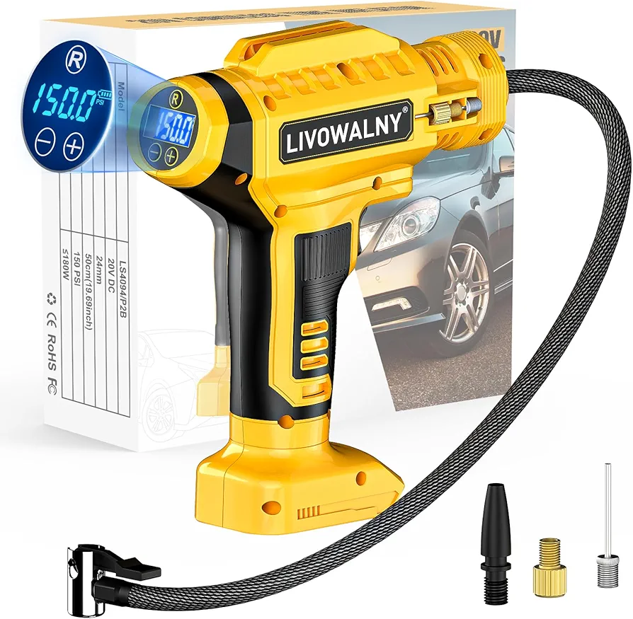 Cordless Tire Inflator Air Compressor Compatible with Dewalt 20V Max Battery, 150PSI Portable Handheld Air Pump with Digital Pressure Gauge for Cars Motorcycles Bikes Sport Balls(Battery Not Included)