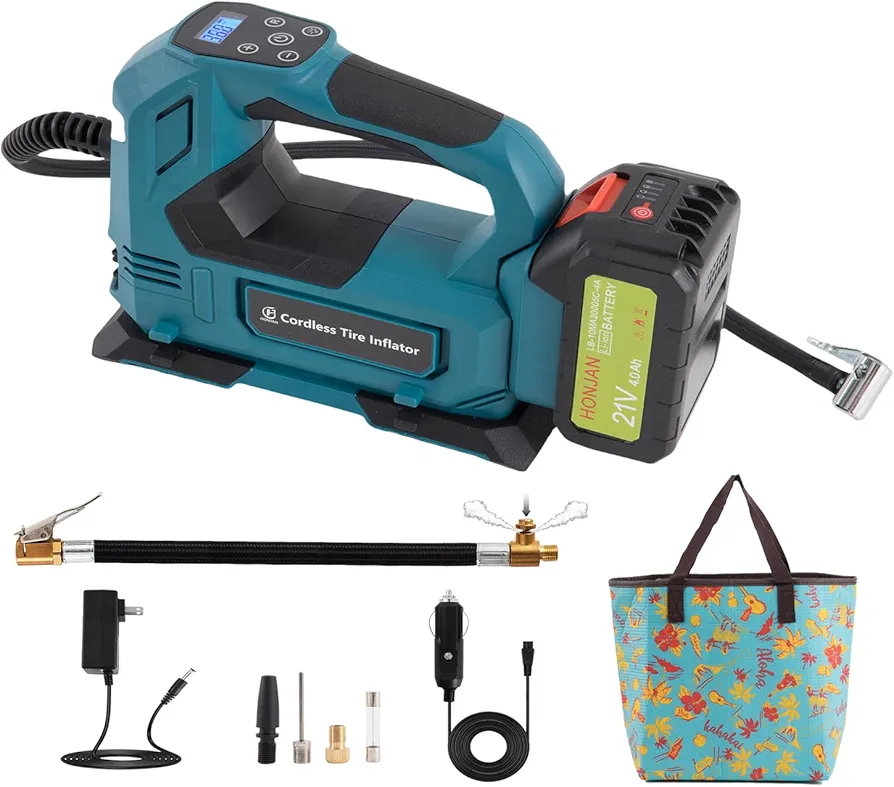 Tire Inflator Portable Air Compressor, 150 PSI Tire Pump with 21V Rechargeable Battery & Inflator Extension Hose with Exhaust Button & Quick Tire Air Chuck for Car Motorcycle Bike & Ball(Blue 4A)