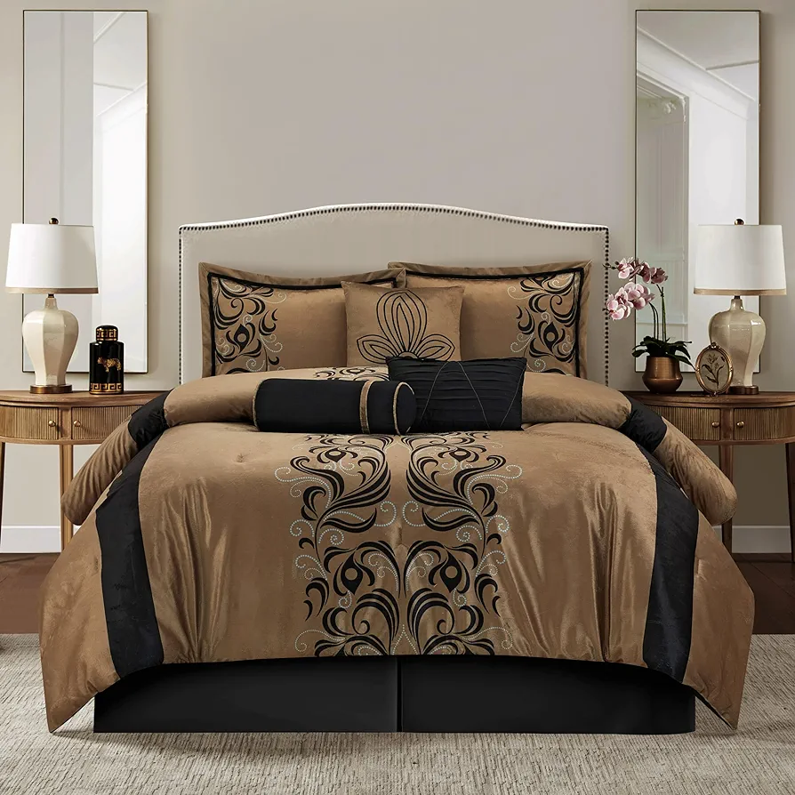 Grand Avenue Brown Floacking & Taffeta Comforter Set Queen Size, 7 Pieces Bedding Set, All Season Cozy Comforter, Bedskirt, Pillows & Shams